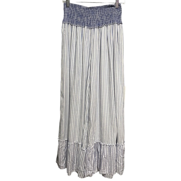 Surf Gypsy Pants - Surf Gypsy Wide Leg Pant Beach Boardwalk Ruffle Hem Blue White Stripe Pull On M